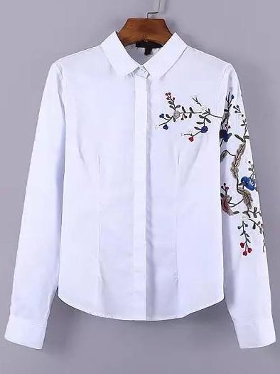 Romwe Embroidered Slim White Blouse