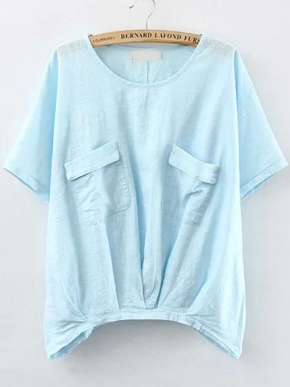 Romwe With Pockets Blue T-shirt