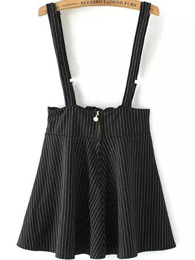 Romwe Strap Vertical Striped Zipper Flare Black Dress