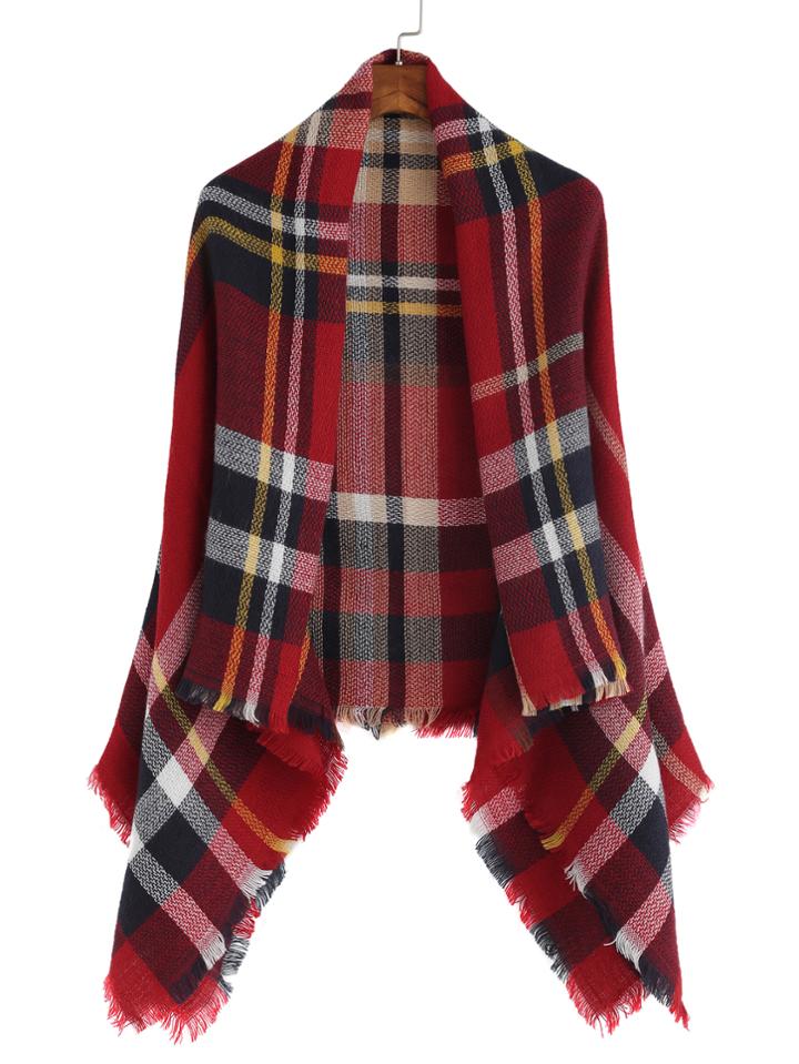 Romwe Red Plaid Raw Edge Shawl Scarf