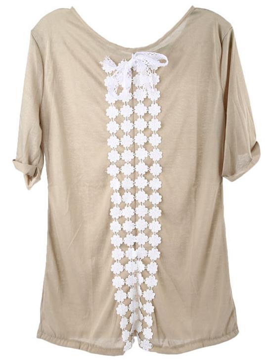 Romwe Contrast Lace Bow Slit Hollow Khaki T-shirt