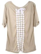 Romwe Contrast Lace Bow Slit Hollow Khaki T-shirt