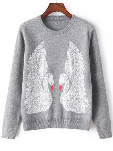 Romwe Swan Print Beaded Grey Sweater