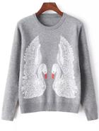 Romwe Swan Print Beaded Grey Sweater