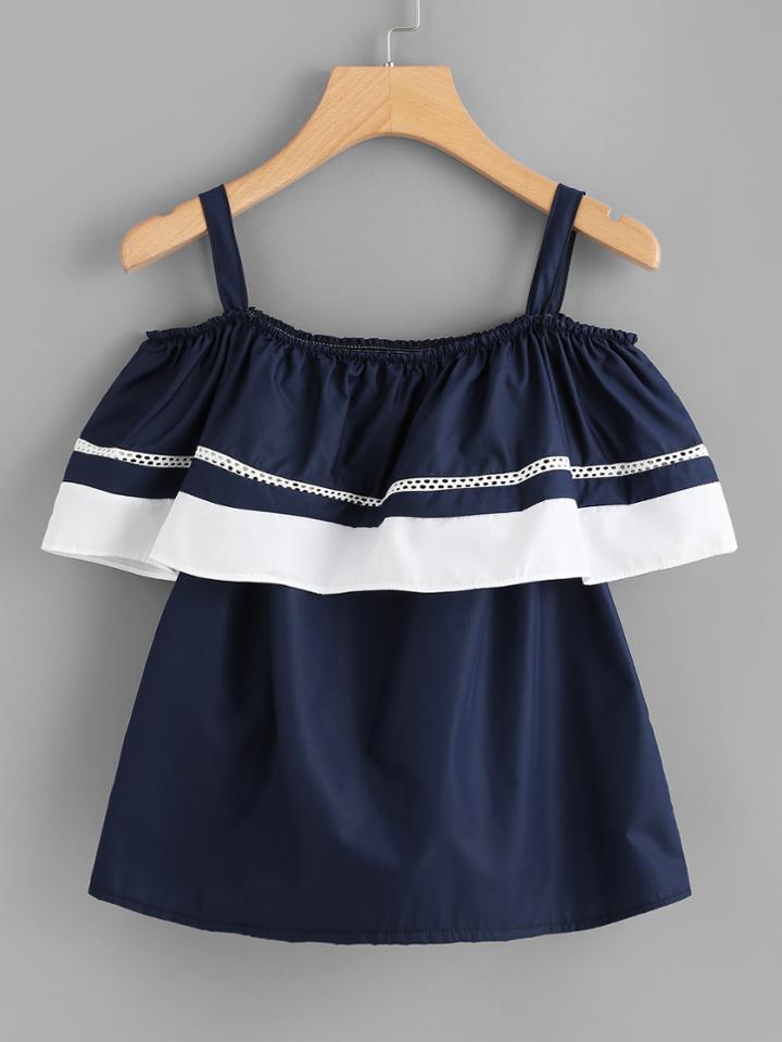 Romwe Open Shoulder Ruffle Trim Cami Top