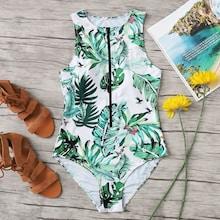 Romwe Exposed Zip Front Tropical Swimsuit