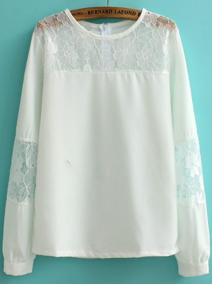Romwe Lace Insert White Shirt