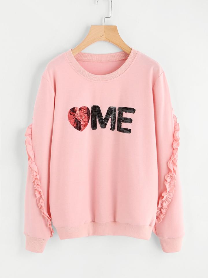 Romwe Sequin Letter Frill Trim Sleeve Sweatshirt