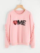 Romwe Sequin Letter Frill Trim Sleeve Sweatshirt