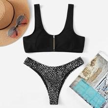 Romwe Zipper Front Top With Dot Print High Leg Bikini