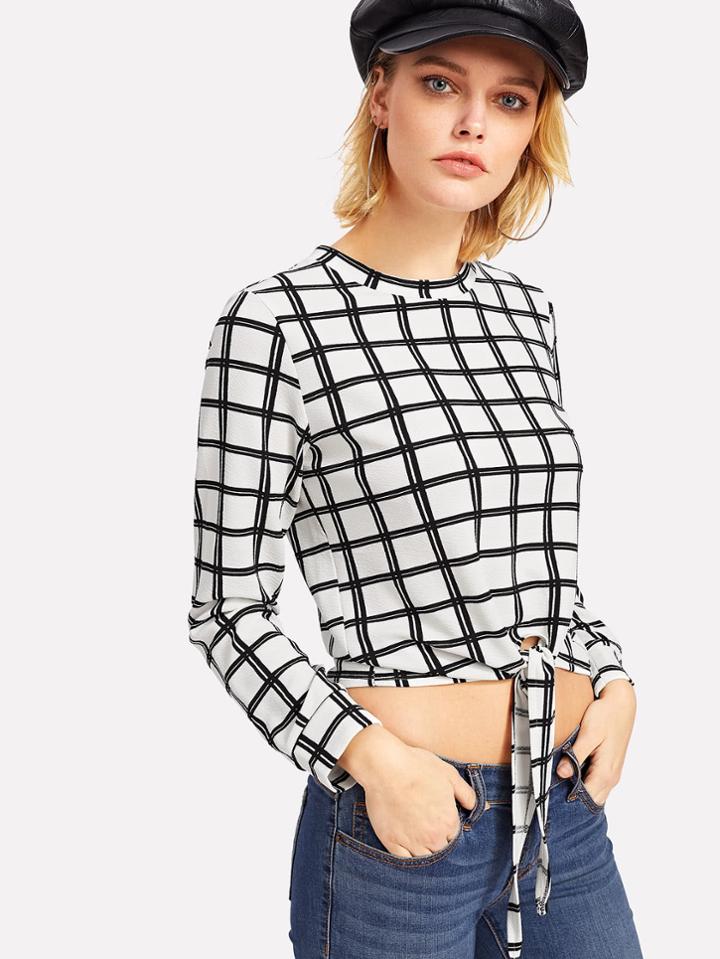 Romwe Grid Knot Hem Tee