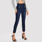 Romwe Double Breasted Bleach Wash Skinny Jeans