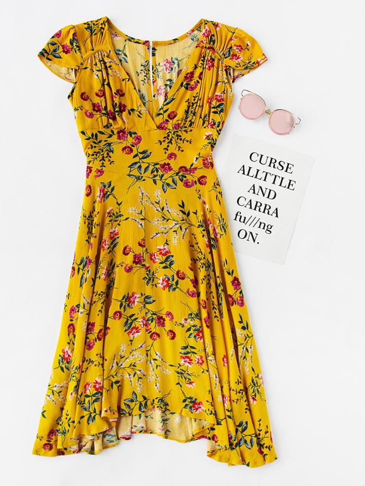 Romwe Ditsy Print Asymmetric Dip Hem Keyhole Back Dress