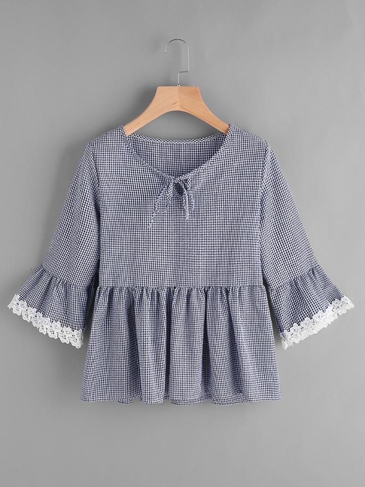 Romwe Gingham Bell Sleeve Lace Trim Smock Top