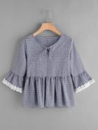 Romwe Gingham Bell Sleeve Lace Trim Smock Top