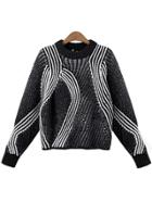 Romwe Round Neck Striped Hollow Black Sweater