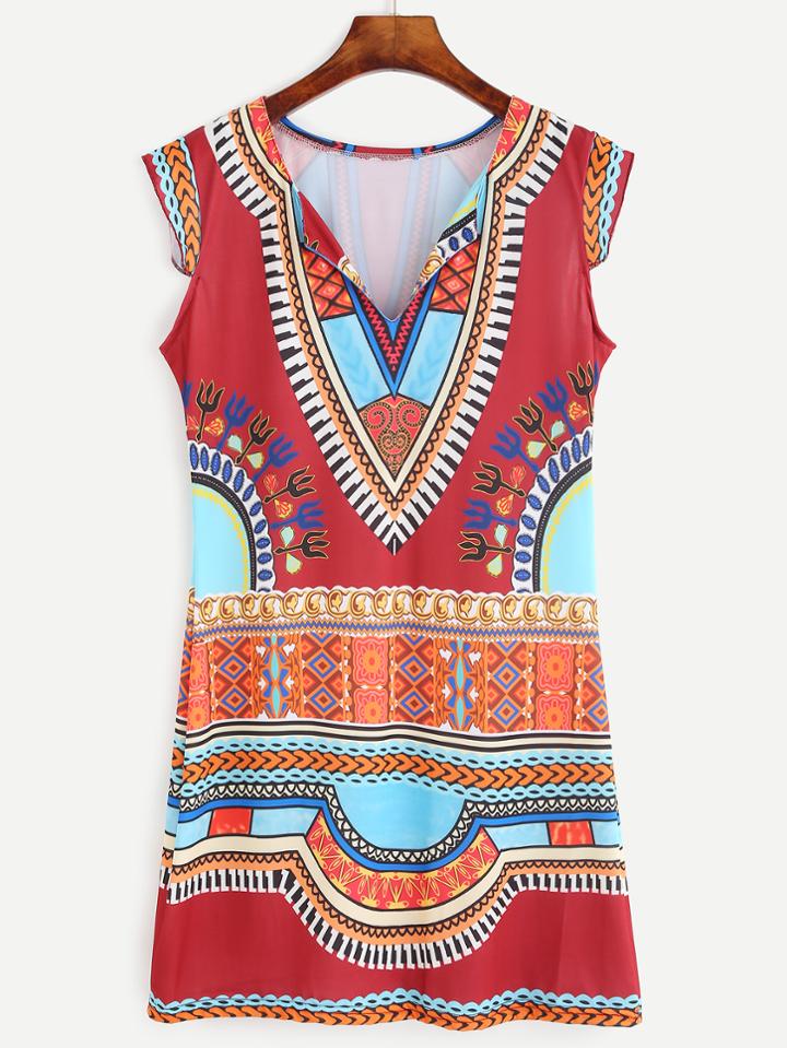 Romwe Red V Neck Tribal Print Cap Sleeve Dress