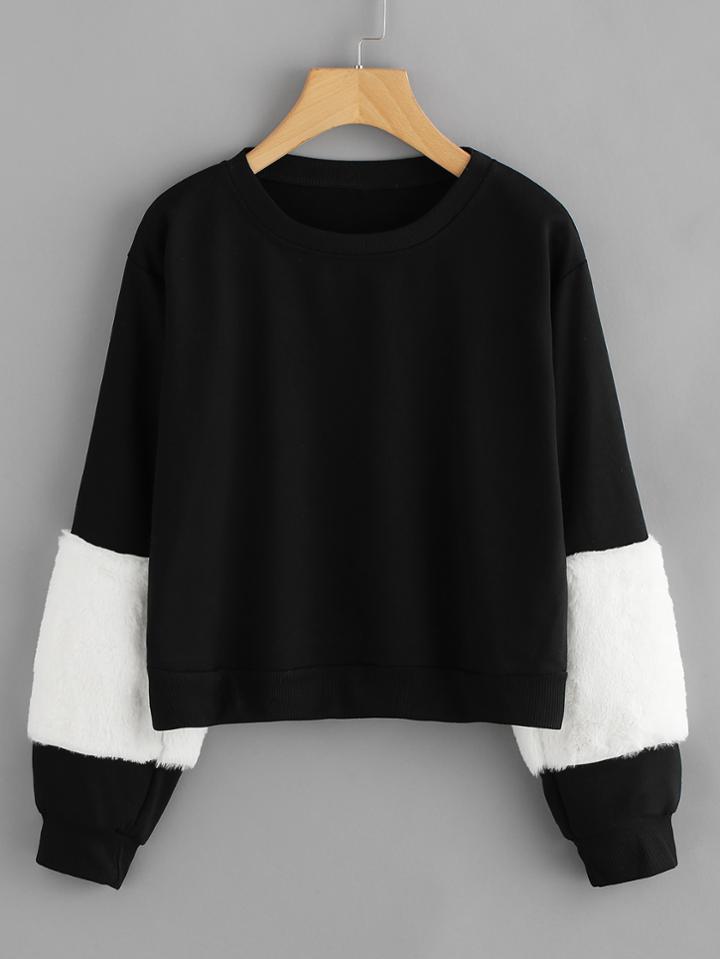 Romwe Color Block Faux Fur Sleeve Sweatshirt