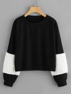 Romwe Color Block Faux Fur Sleeve Sweatshirt