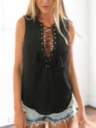 Romwe Tasselled Lace-up Neck Black Tank Top