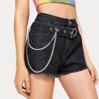Romwe Chain Solid Belted Denim Shorts