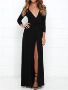 Romwe Black V Neck Split Maxi Dress