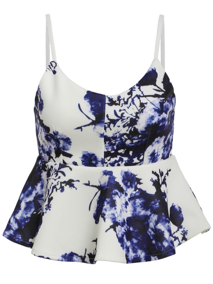 Romwe Spaghetti Strap Peplum Hem Flower Print Cami Top
