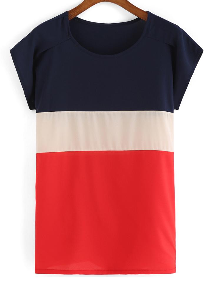 Romwe Round Neck Color-block Loose T-shirt