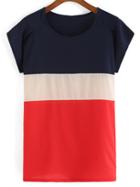 Romwe Round Neck Color-block Loose T-shirt