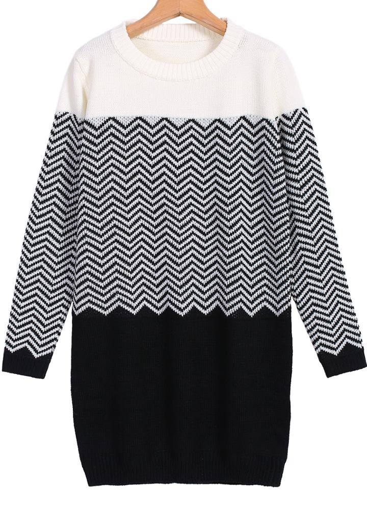 Romwe Colour-block Zigzag Knit Sweater