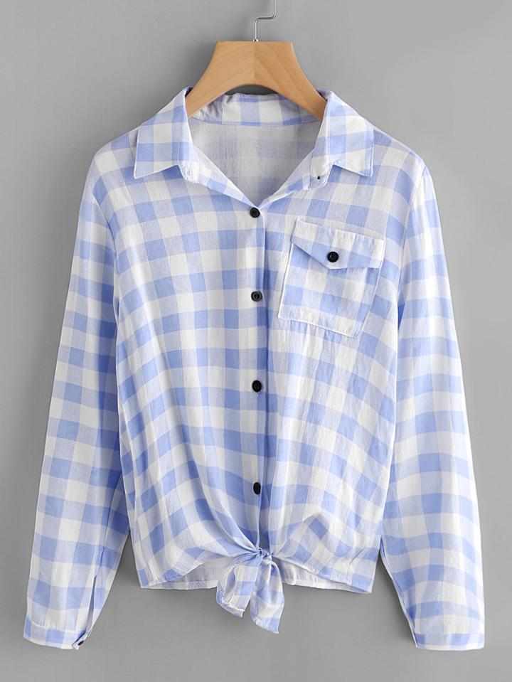 Romwe Checked Knot Front Shirt With Chest Pocket