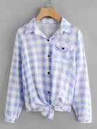 Romwe Checked Knot Front Shirt With Chest Pocket