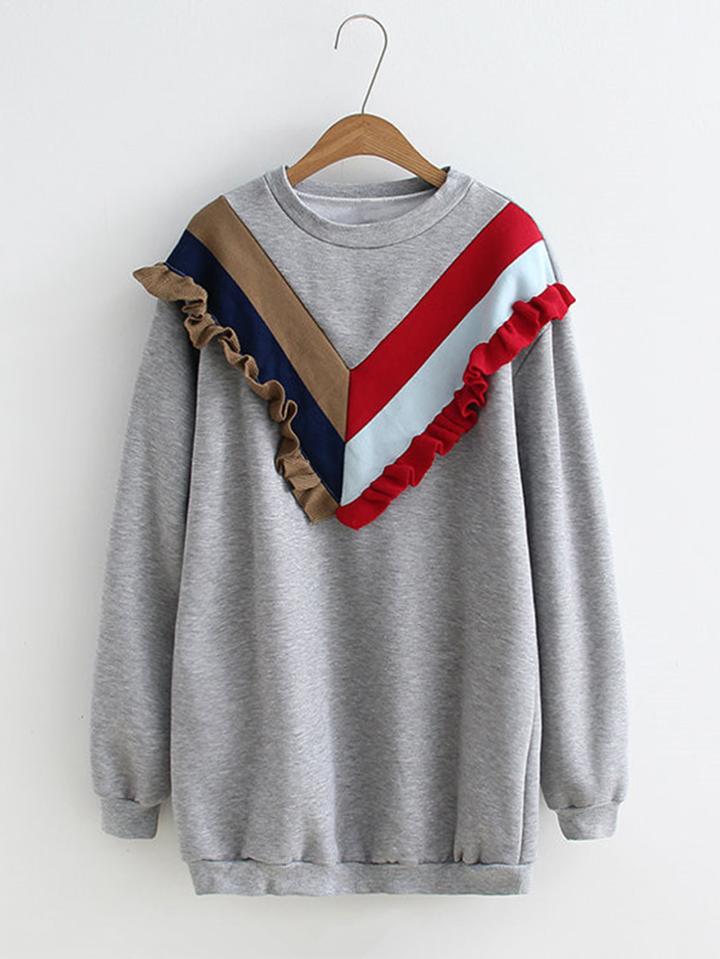 Romwe Ruffle & Color Block Chevron Longline Sweatshirt