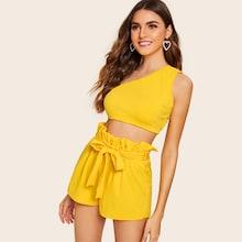 Romwe One Shoulder Crop Top With Belted Paperbag Shorts