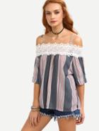 Romwe Lace Cold Shoulder Multicolor Vertical Striped Top