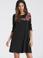 Romwe Embroidered Rose Applique Shift Dress