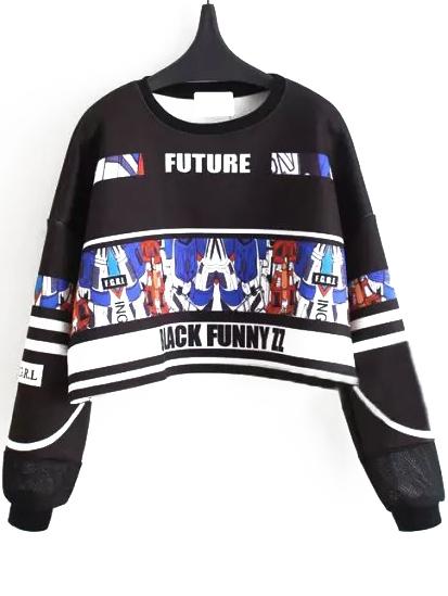 Romwe Letter Print Crop Black Sweatshirt