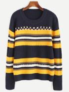 Romwe Navy Striped Ribbed Sweater