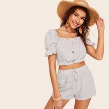 Romwe Ruffle Trim Button Front Grid Top & Shorts Set