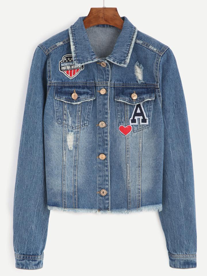 Romwe Blue Raw Hem Embroidered Patches Denim Jacket