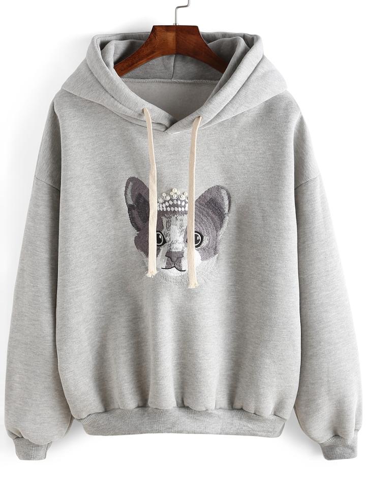 Romwe Hooded Drawstring Cat Embroidered Beaded Sweatshirt