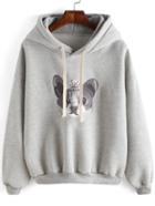 Romwe Hooded Drawstring Cat Embroidered Beaded Sweatshirt