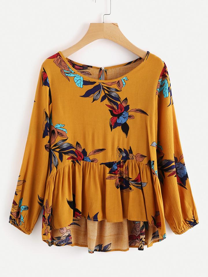 Romwe Floral Print Frill Dip Hem Blouse