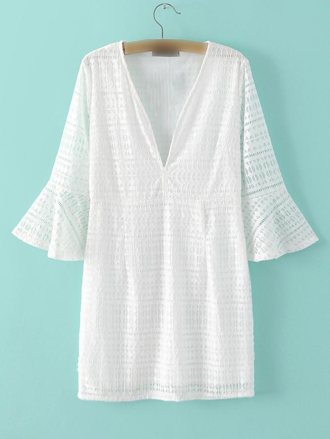 Romwe White Deep V Neck Bell Sleeve Lace Dress