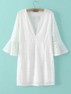 Romwe White Deep V Neck Bell Sleeve Lace Dress