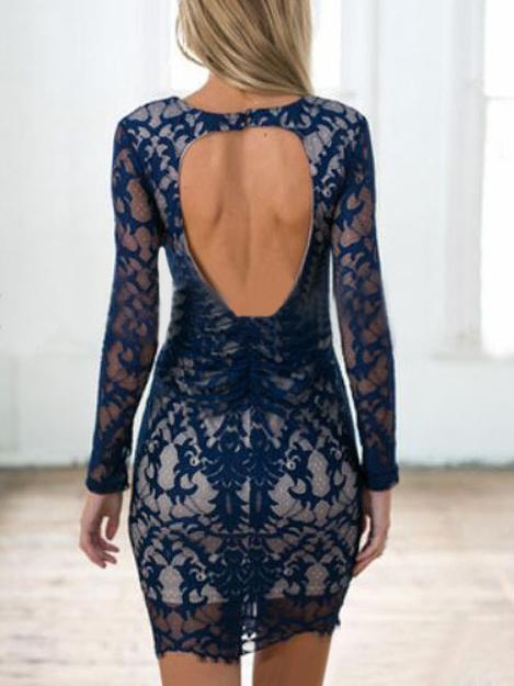 Romwe Deep V Neck Open Back Lace Bodycon Blue Dress