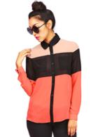Romwe Red Long Sleeve Color Block Blouse