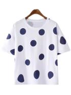 Romwe White Blue Dots Print Short Sleeve Casual T-shirt