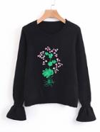 Romwe Flower Embroidery Fluted Sleeve Sweater