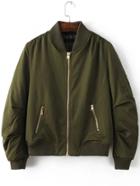 Romwe Army Green Ribbed Trim Bomber Quilted Jacket